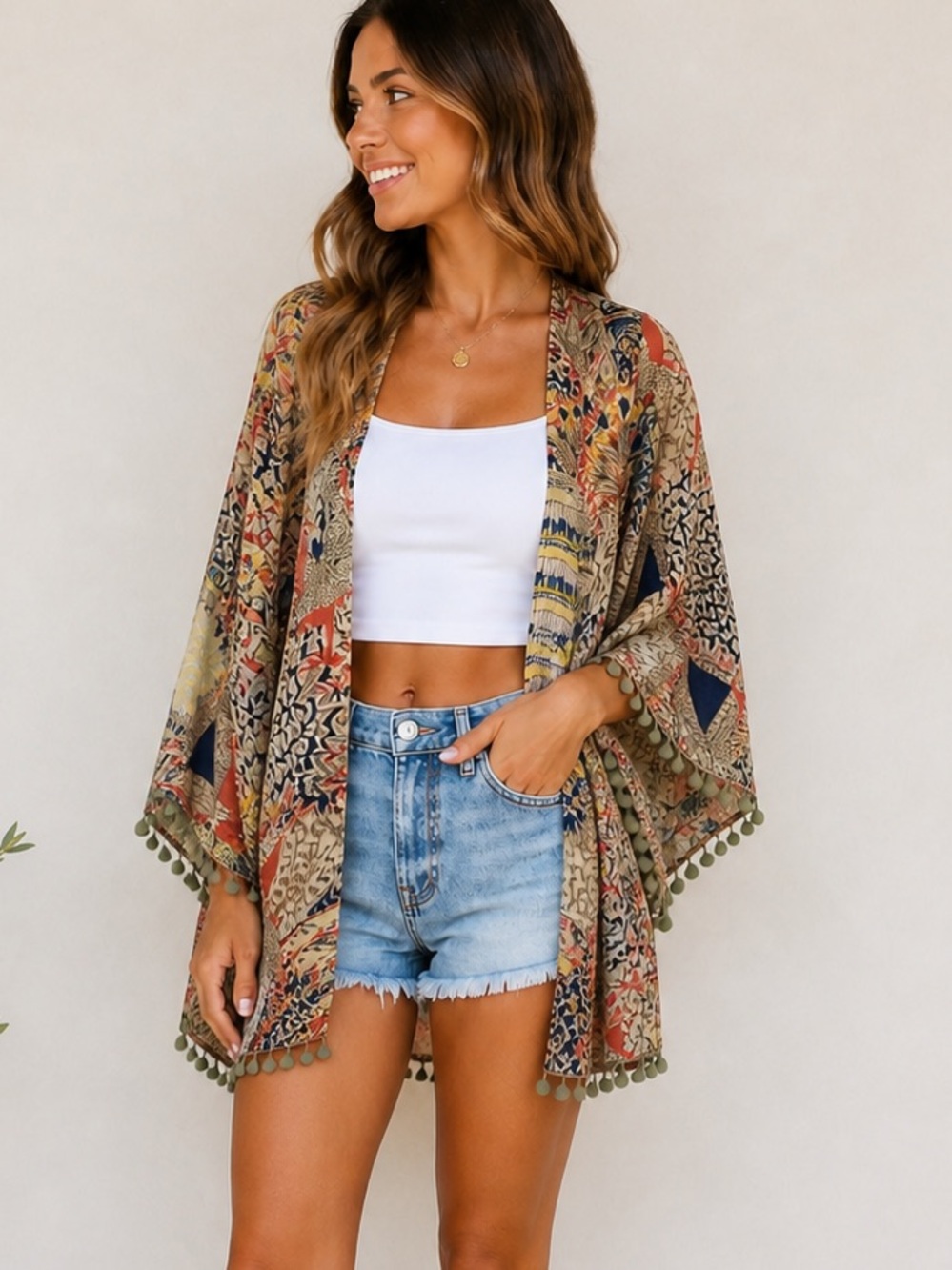 🌿 Umgee Boho Print Kimono | M/L | Lightweight Open Front Festival w/ Pom Trim